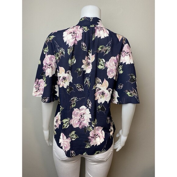 F. Rebecca Taylor Silk Top 10 Floral Multicolor Blouse Short Sleeve V Neck - Picture 4 of 6